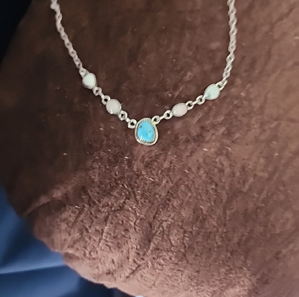 Sterling Silver Necklace with Blue Turquoise and Pink Opal & White Stone Accents - Picture 2 of 7